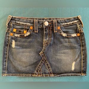 True Religion Distressed Denim Mini Skirt “Bobby Skirt Big T”